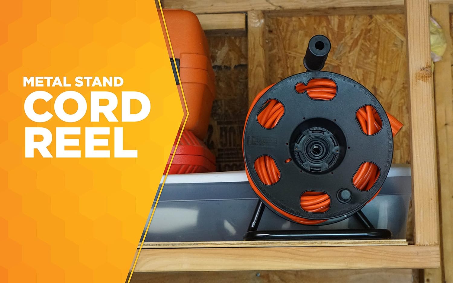 Woods 22849 Metal Extension Cord Reel Stand In Black, Heavy Duty, Quick Snap Together Design, Sturdy and Durable Stand, Easy to Grip Handles, Holds Up To 100 Feet, 14/3 Gauge Cord - Image 2